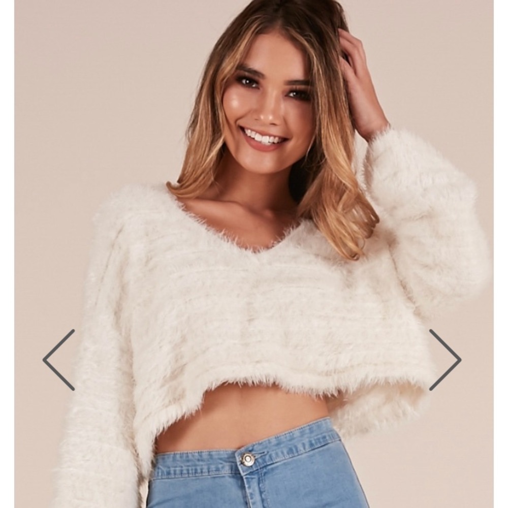 Showpo. fuzzy white long sleeve crop top sweater